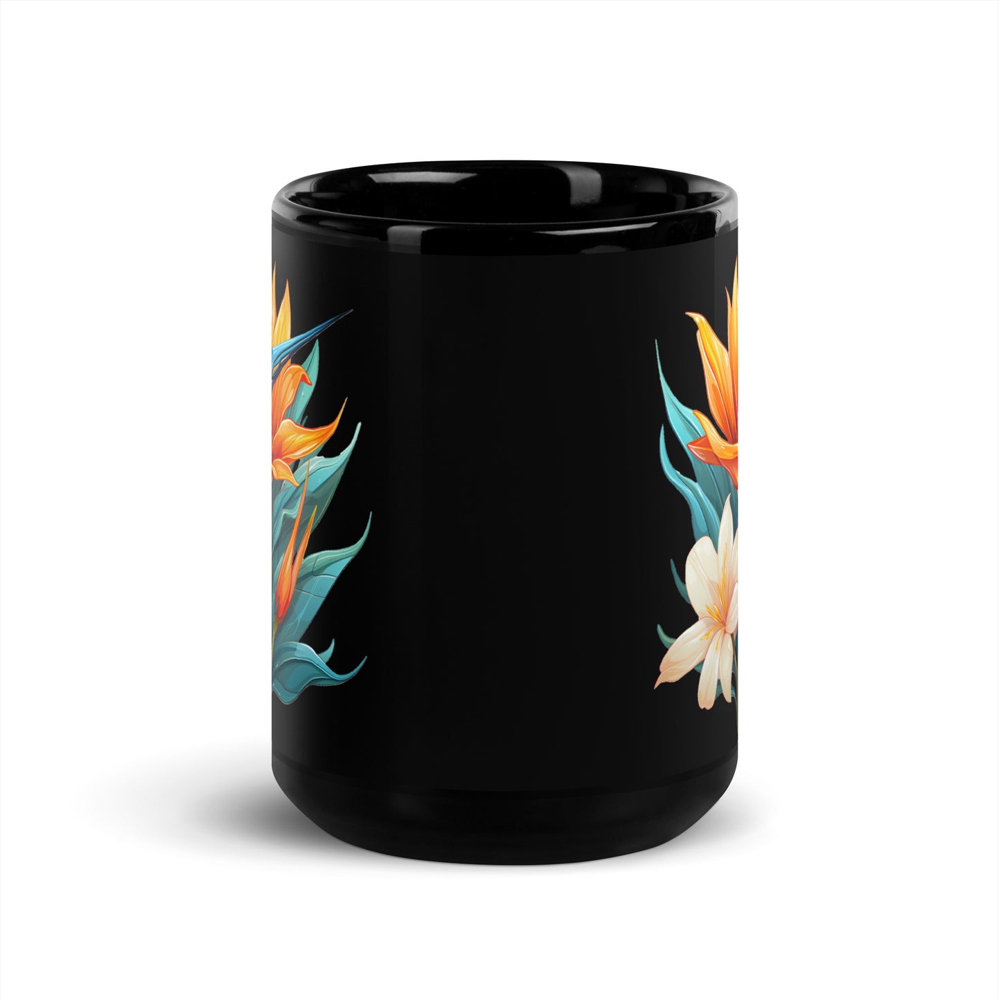 Birds Of Paradise Floral Black Glossy Mug